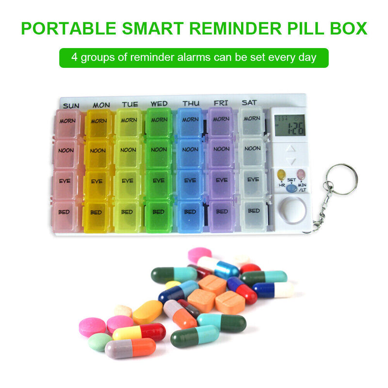 28 Grids Weekly Medicine Box Luminous Alarm Clock Timer Reminder Pill Dispenser