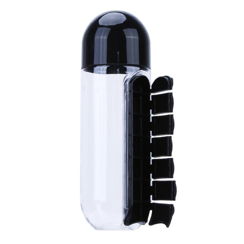 600ML Plastic 2 In 1 Combine Daily Pill Box Drinking Bottles Cups(Black)