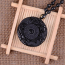 Handmade Mens Women BaGua Dragon Phoenix Carved Lucky Pendant Obsidian Necklace