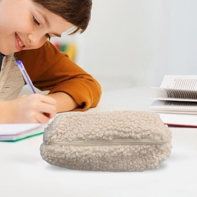 Stationery Storage Plush Pen Case Student School Cosmetic Organizer (White)