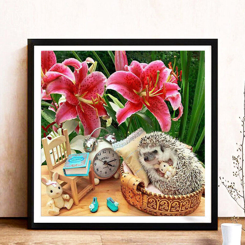 Full Drill Round Rhinestone DIY 5D Mosaic Hedgehog Clock Painting Kit Room Decor