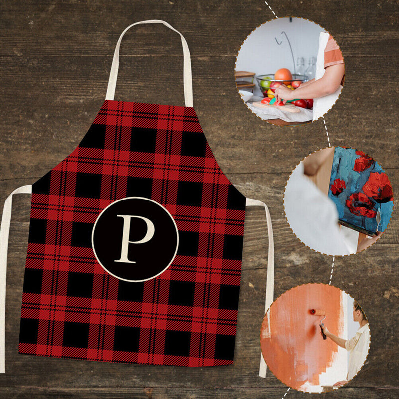 Plaid P Print Apron Linen Waterproof Cooking Bibs Chefs Pinafore (68X55CM)