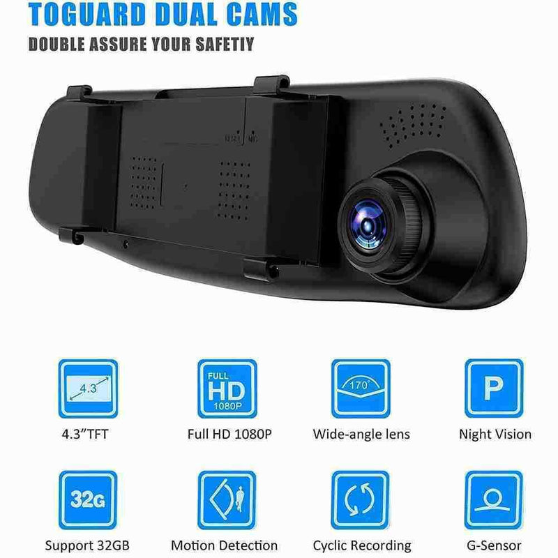 1080P Rearview Mirror Car Dual Dash Cam Camera Front Video Recorder Rear I6D7