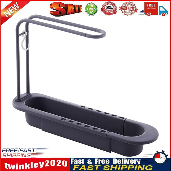 Telescopic Sink Shelf Towel Bar Sponge Drainer Storage Rack Basket (Grey) Newly