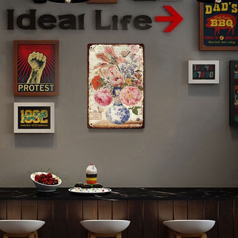 Porcelain Vase Flowers Metal Plate Tin Sign Plaque for Bar Pub Club Cafe