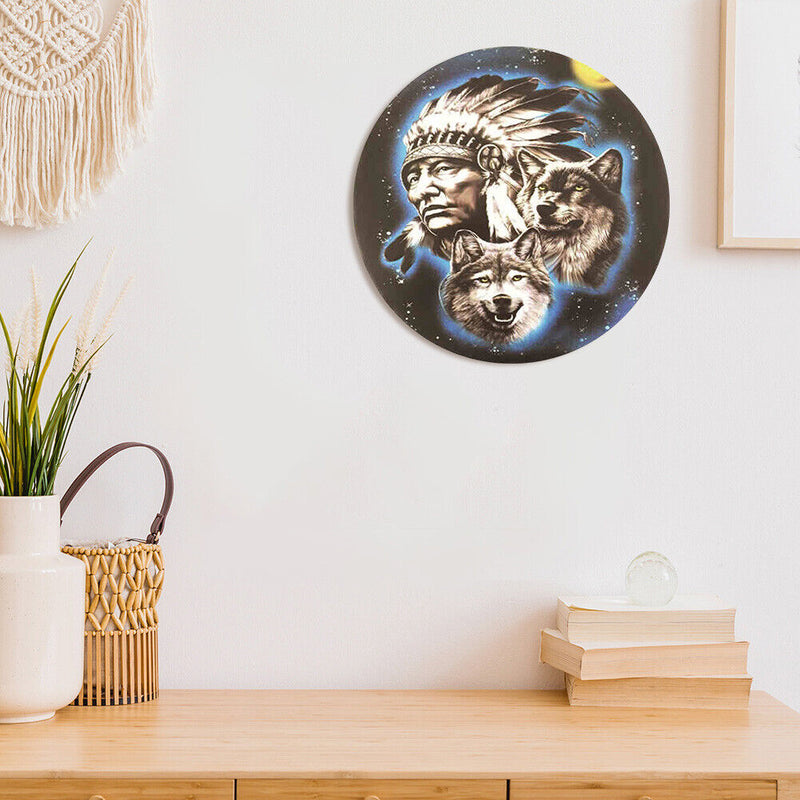 Round Metal Tin Sign Plaque Wall Old Man Wolf Posters Iron Art Painting