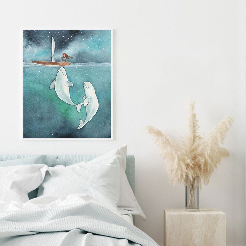 Frameless Oil Paint By Numbers DIY White Dolphin Girl Picture Craft Kit for Home
