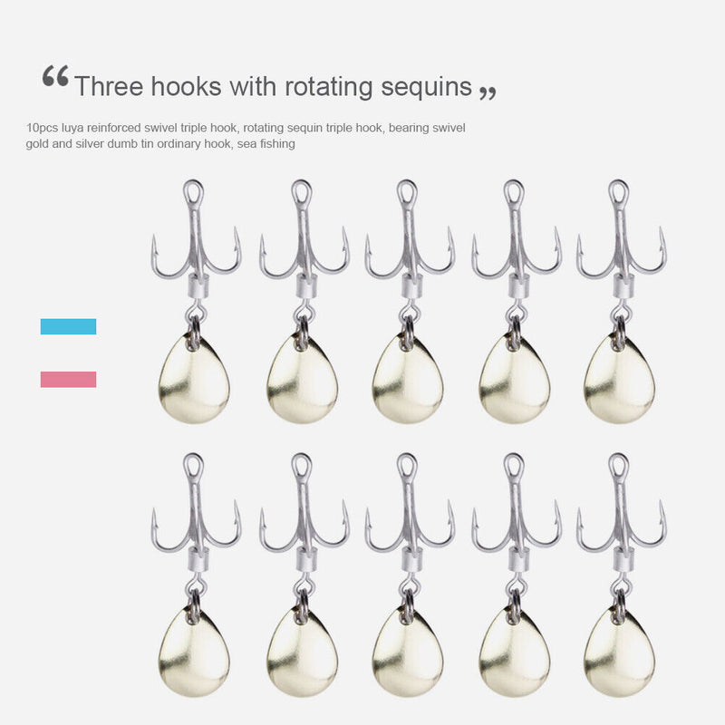 10pcs/Set Metal Barbed Fishing 3-Hooks with Rotating Sequin Fishing Accessori