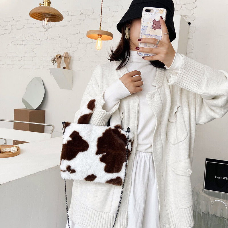 Plush Messenger Bag Women Winter Fashion Shoulder Fluffy Handbag (Brown)