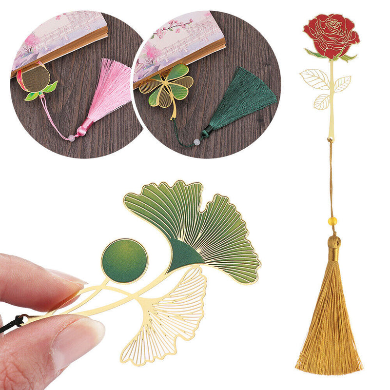Style Metal Tassel Lotus Leaf Painted Pagination Mark Book Clip Brass Bookmark