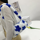 Retro Women Flower Print Shoulder Underarm Bag Winter Plush Purse (Blue)