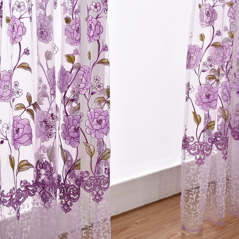 Peony Flower Offset Printing Curtain Yarn Tulle Curtain for Decor(Purple)