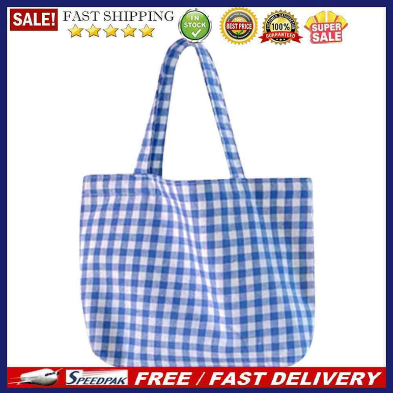 Women Portable Cloth Shopping Handbag Simple Plaid Picnic Large Capacity Tote