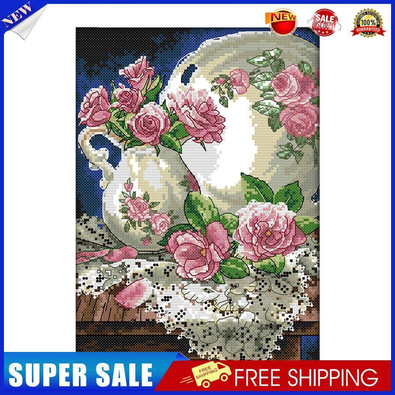 Cross Stitch 14CT Stamp Canvas Vase and Rose Embroidery DIY Handwork (J283)