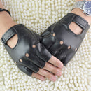 Adults Fashion Anti-Skid Half-Finger Hollow Leather Gloves Hip-Hop Rivet Glov