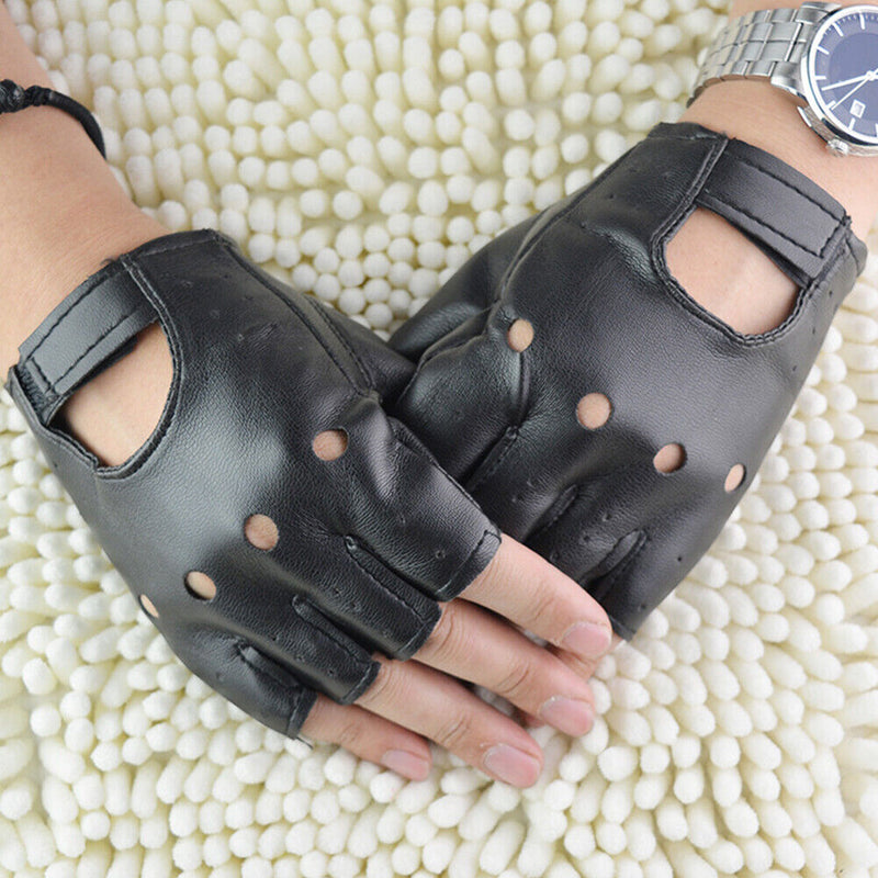 Adults Fashion Anti-Skid Half-Finger Hollow Leather Gloves Hip-Hop Rivet Glov