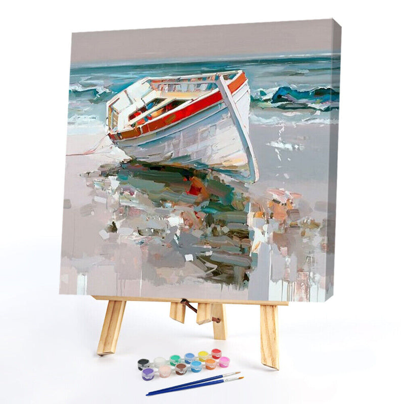 Beach Boat Oil Paint By Numbers Kit DIY Acrylic Painting on Canvas Frameles