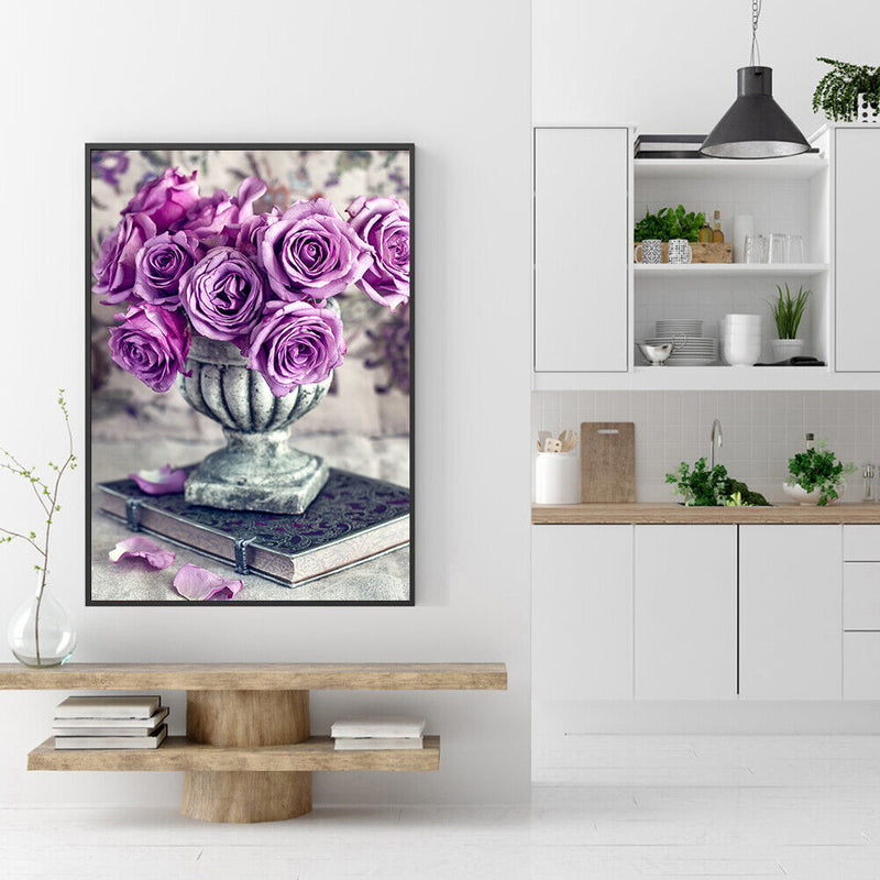 Full Drawing Diamond Drill Painting Round DIY Purple Rose 5D Home Decoration Kit