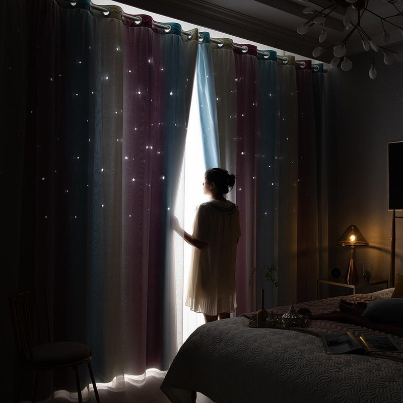 Gradient Hollow Star Curtain Bedroom Full Blackout Window Drapes (Purple)