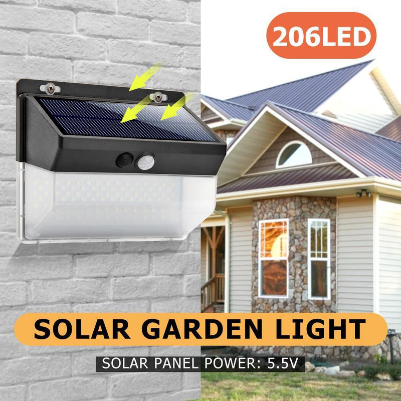206LED Solar Motion Sensor Wall Light Outdoor Waterproof Garden Street Lamp