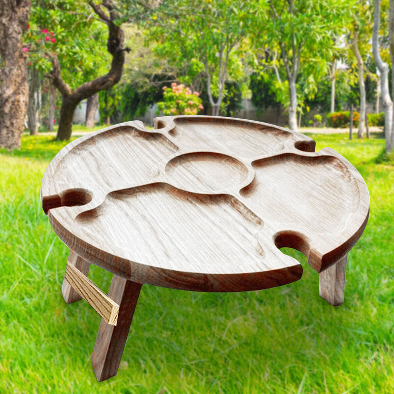 Camping Wine Picnic Table Folding Snack Table with Wine Bottle and Glass Hold