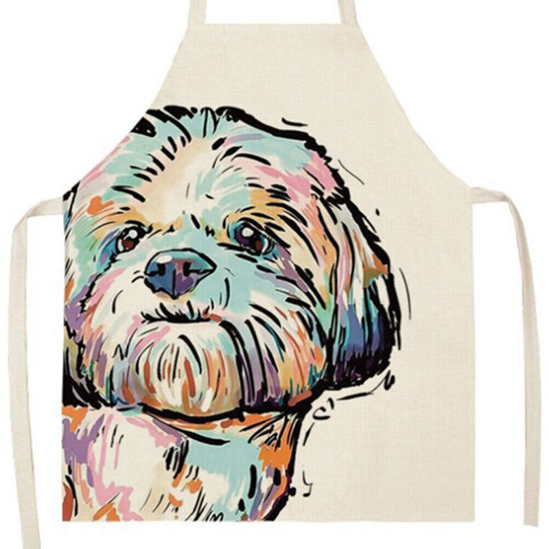 Linen Dog Print Kitchen Aprons Bibs for Women Men Household Dinner Cooking