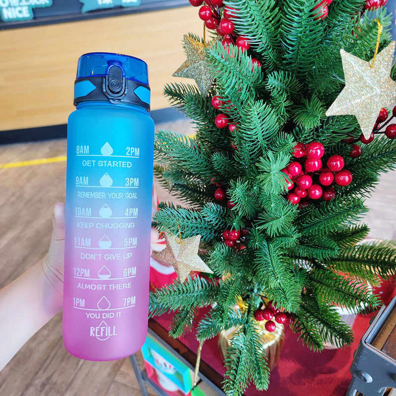 1000ml Sports Water Bottle Time Marker Outdoor Portable Cups (Blue Lid) Newly