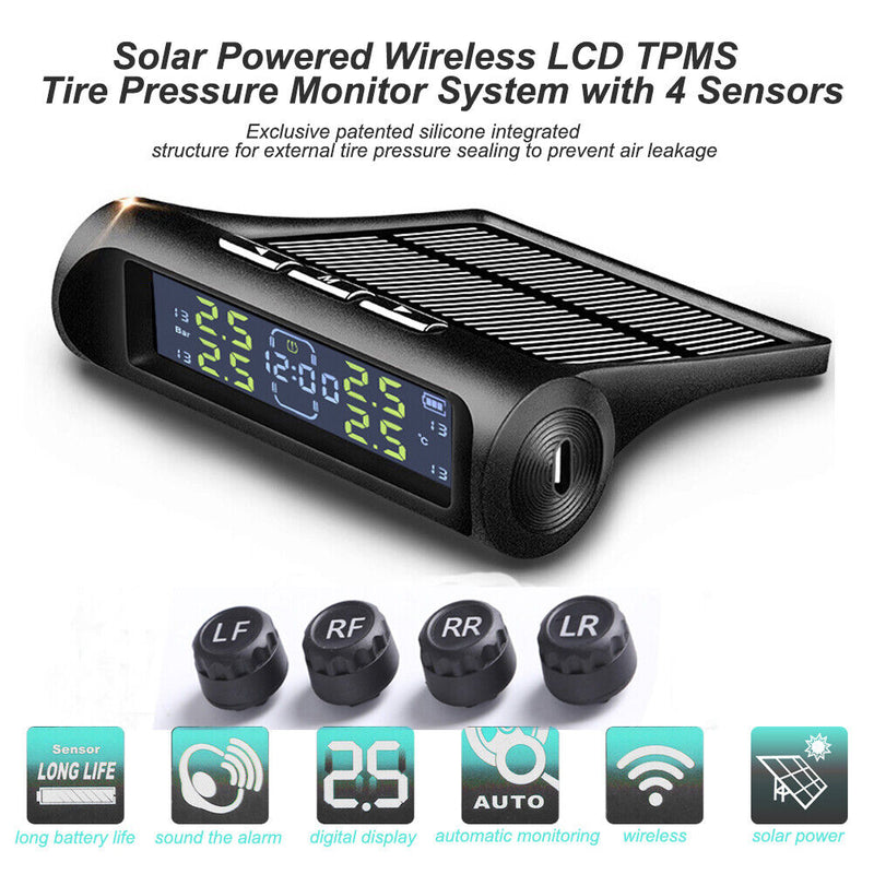 AN-01D 2 in 1 Car Solar TPMS Clock LCD Tyre Pressure Monitoring Alarm System