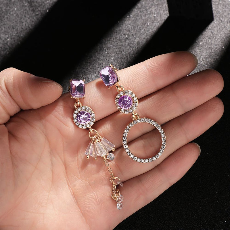 Women Purple Crystal Dangle Earrings Ear Stud Drops Earrings Rhinestone