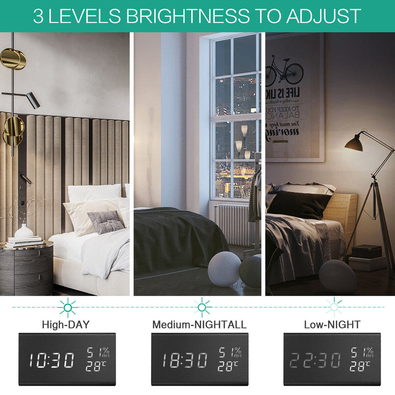 Wooden Digital Alarm Clock White LED Light Bedside USB Battery Voice Control US