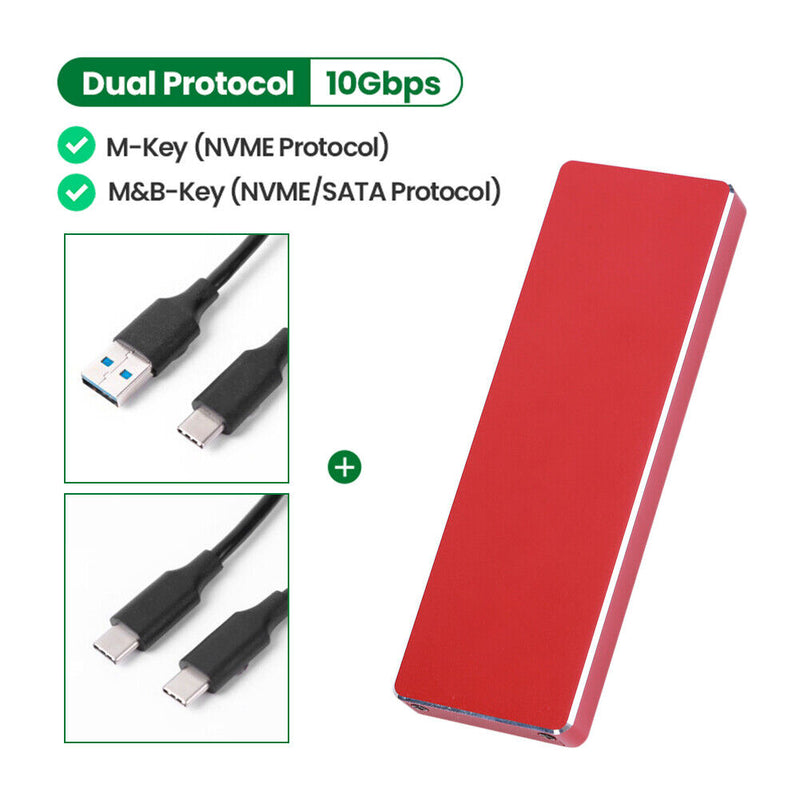 M2 SSD Case Enclosure Box M.2 to USB 3.1 Adapter (C-A+C-C Cable)(Red)