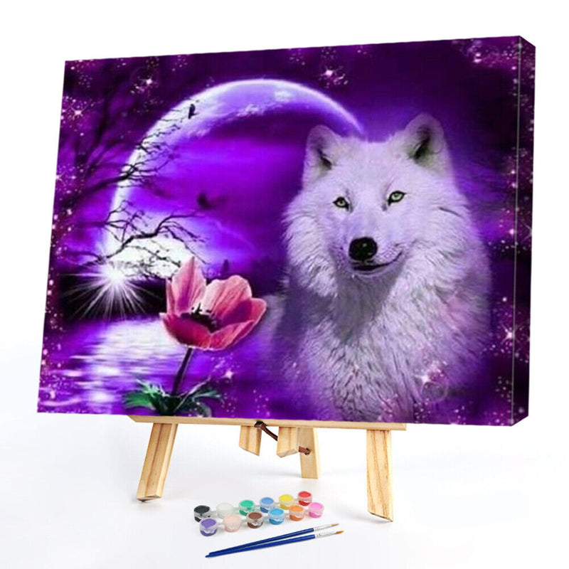 DIY Paint By Number Kit White Wolf Moonlight No Frame for Home Decoration