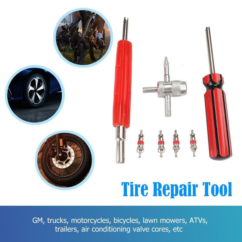 4pcs Schrader Valve Cores with Dual Single Head Removers+4-Way Valve Tool Newly