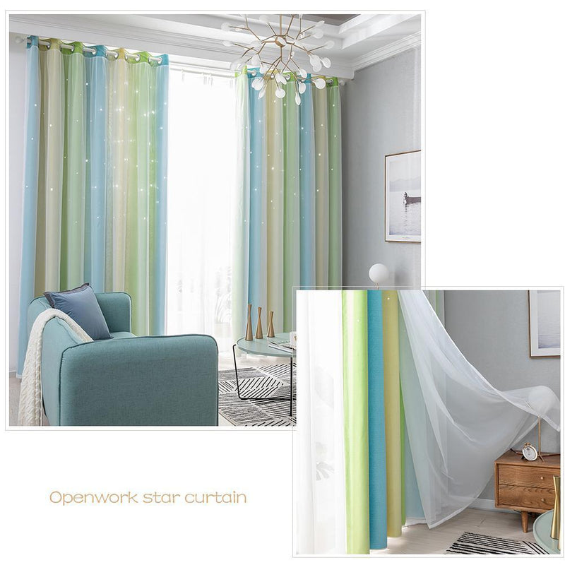 Gradient Hollow Star Curtain Bedroom Full Blackout Window Drapes (Green)