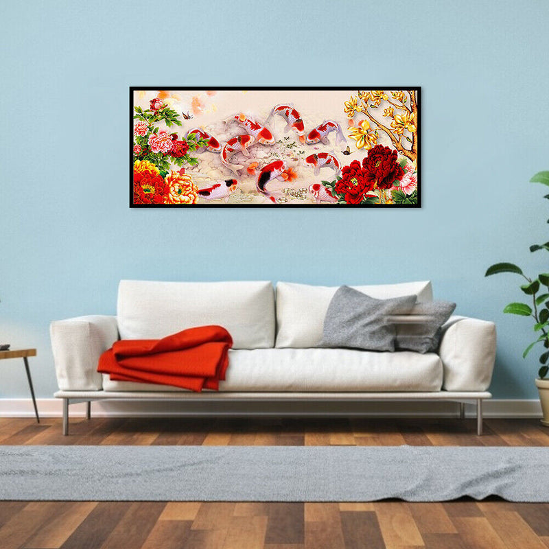 Full Embroidery DIY Canvas Print 11CT Cross Stitch Flowers Fishes Wall Decor Kit