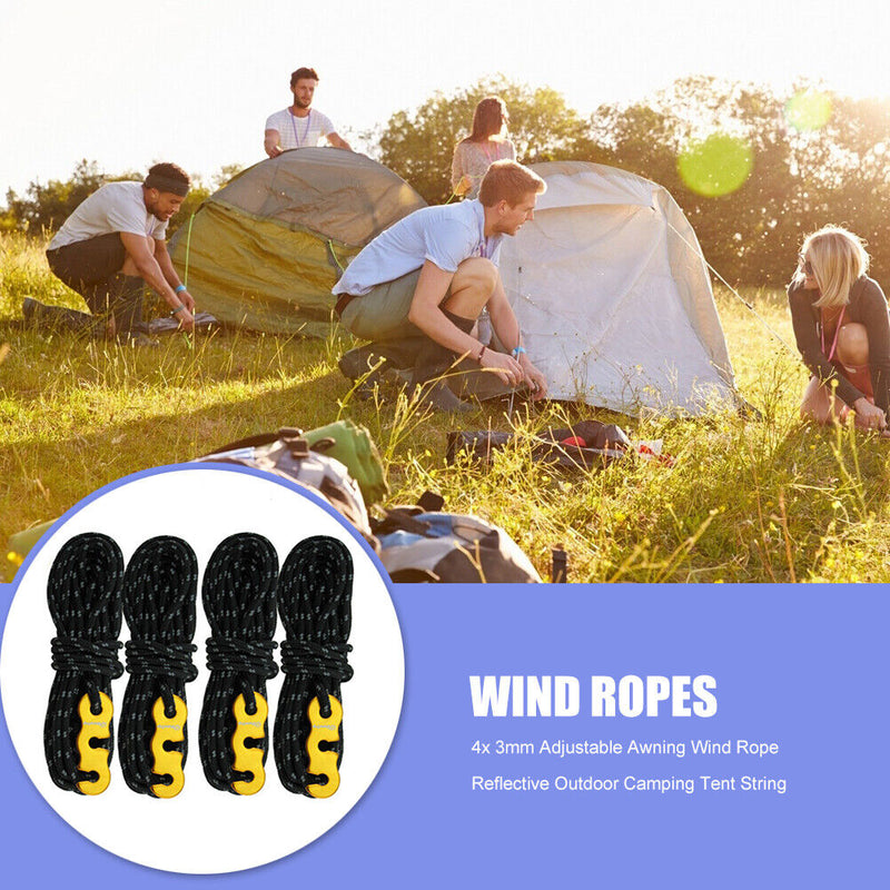 4pcs Tent Wind Rope Buckle Reflective Outdoor Camping Cord Lanyard (Black) Newly