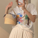 Women Beach Bag Straw Woven Plaid Bowknot Bucket Crossbody Barrel Handbag Purse