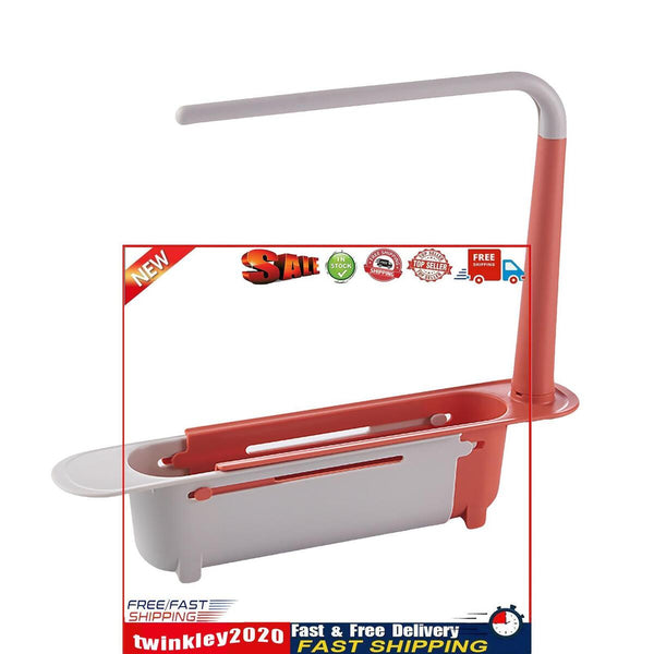 Telescopic Sink Storage Rack Holder Adjustable 2-in-1 Sink Organizer (Red) Newly