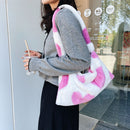 Retro Women Love Print Plush Shoulder Bag Winter Hit Color Handbag (Pink)