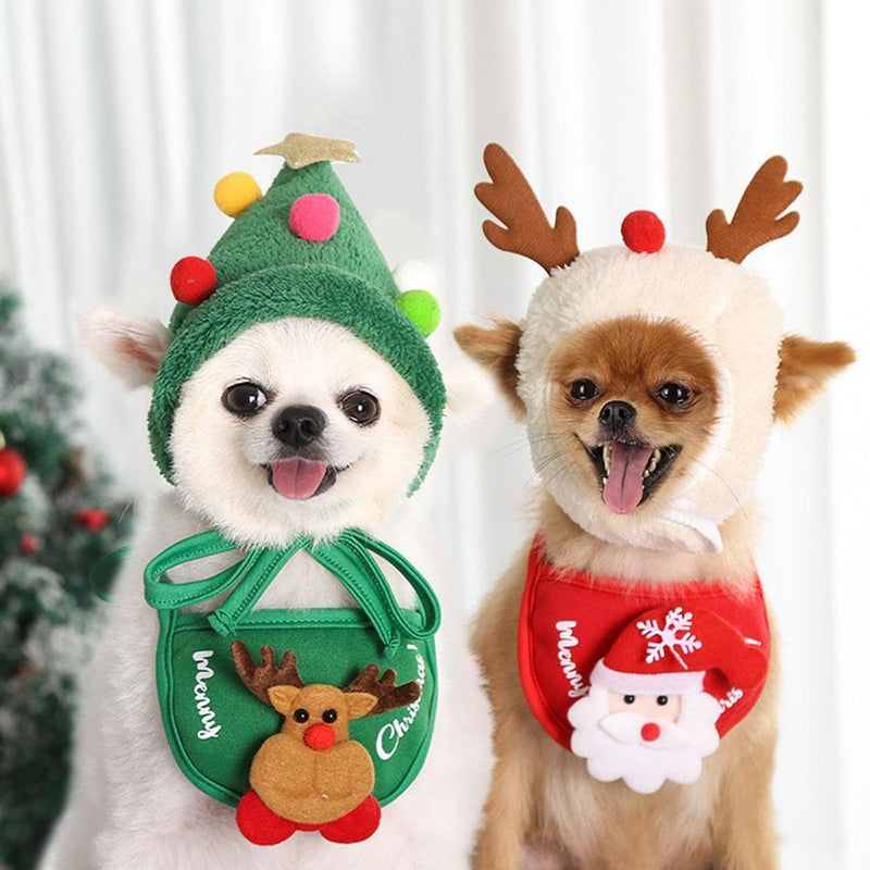 Xmas Dog Decorative Outfit Pet Hat Collar Bib Dress up (Green Saliva Towel)
