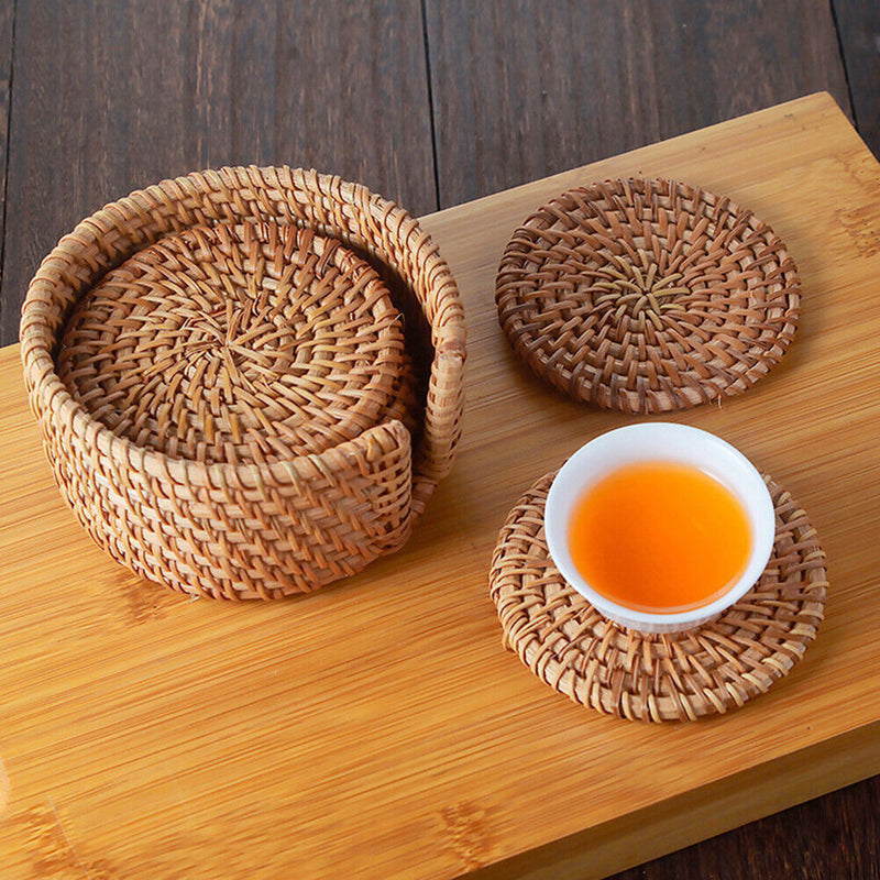 #A 6pcs Round Rattan Insulated Coasters Set Kitchen Table Bowl Drink Cup Mats