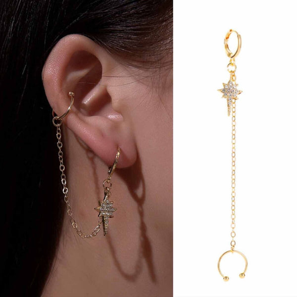 Earring Eardrop Dangler Tassel Chain Long Ear Clips Six-Pointed Star Diamonds