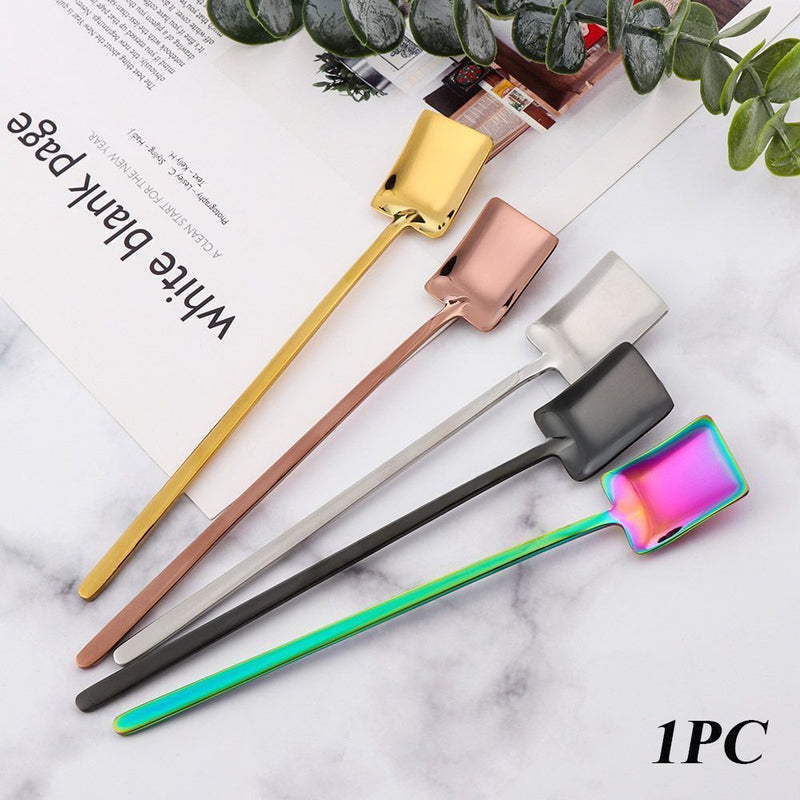 Dessert Long Handle Square Shovel Stirring Scoop Coffee Spoon Stainless Steel