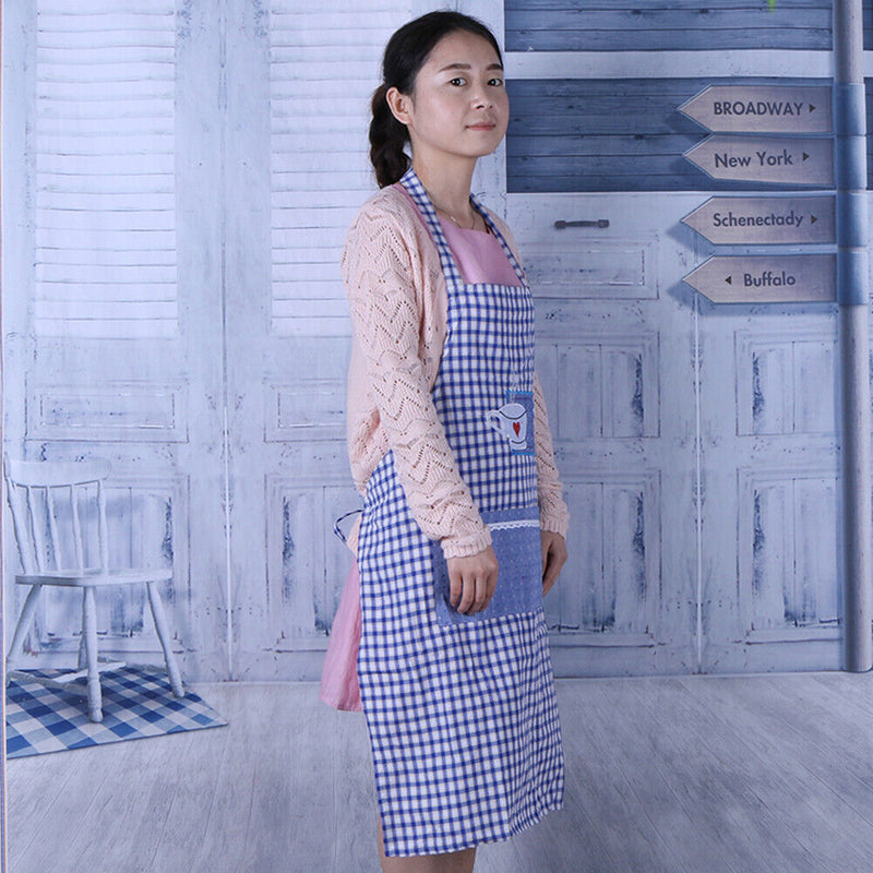 Embroidered Plaid Cotton Apron Kitchen Dining-room Clothes Apron(Blue)-1744