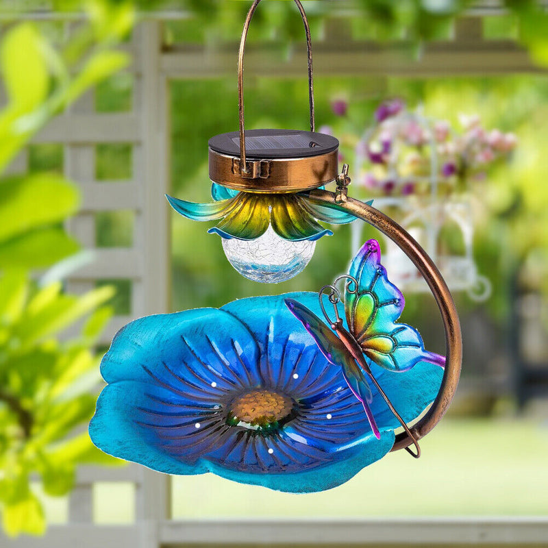 Metal Flower Solar Bird Feeder Lamp LED Light Outdoor Hanging Decorations