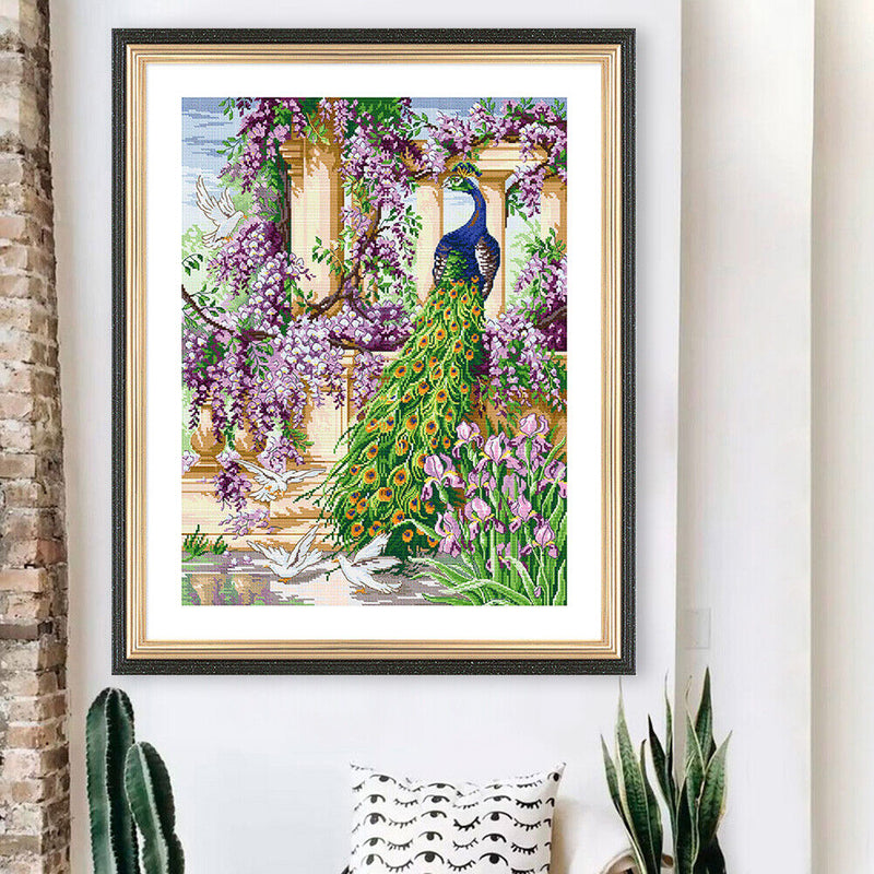 Full Embroidery DIY Canvas Stamped 11CT Cross Stitch Peafowl Flower Kit