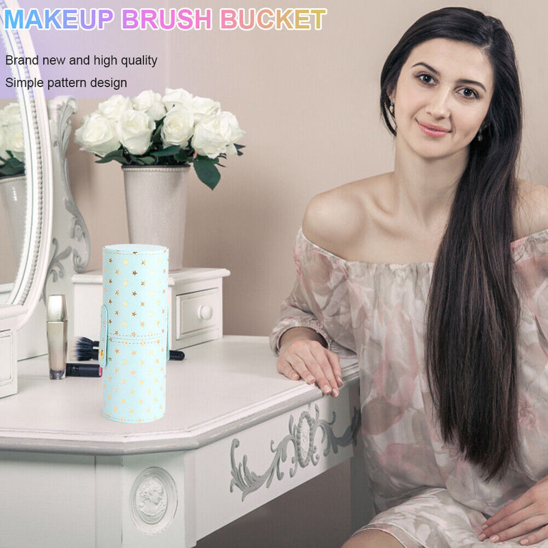 PU Leather Stars Printing Makeup Brush Holder Portable Cosmetic Cup (Blue) Newly