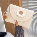 Straw Clutch Bag Women Woven Pompom Flower Shoulder Crossbody Purse Handbag