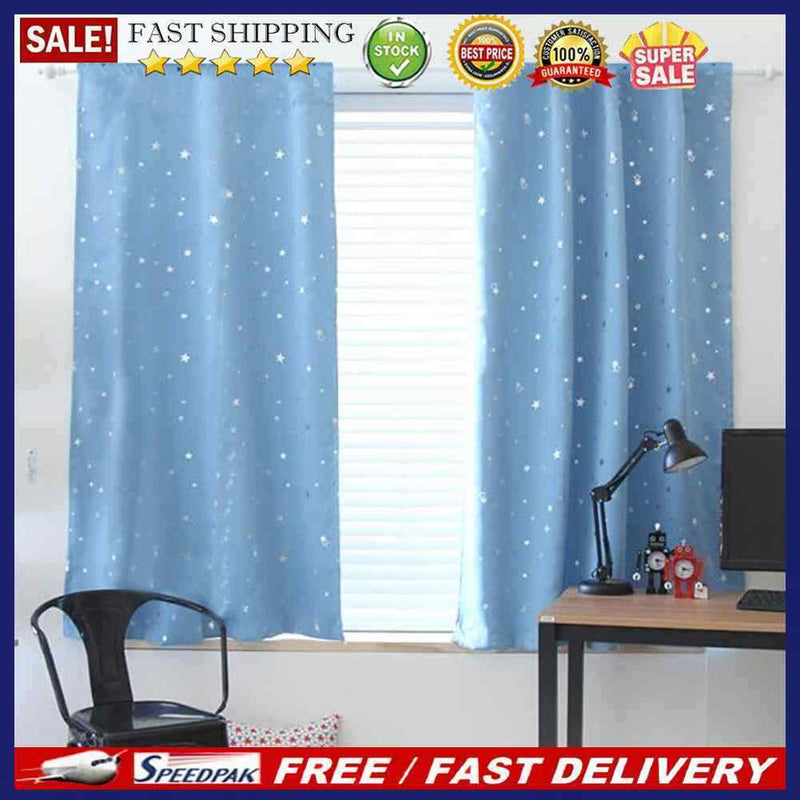 Stars Blackout Curtain Living Room Window Blind Shading Screen Drapes(Blue)