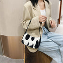 Women Plush Shoulder Underarm Bag Cow Print Fashion Winter Handbag Tote (2)
